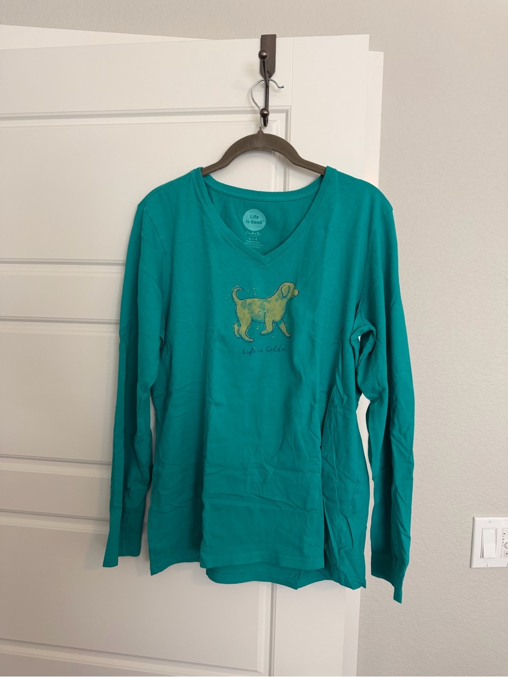 Life Is Good Teal V-Neck Long Sleeve Crusher Tee with Yellow Dog Graphic